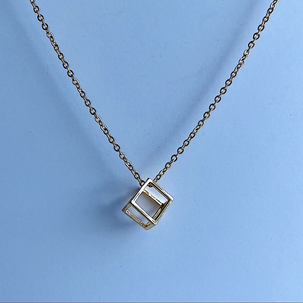 Gold plated Stainless steel necklace,cube pendant